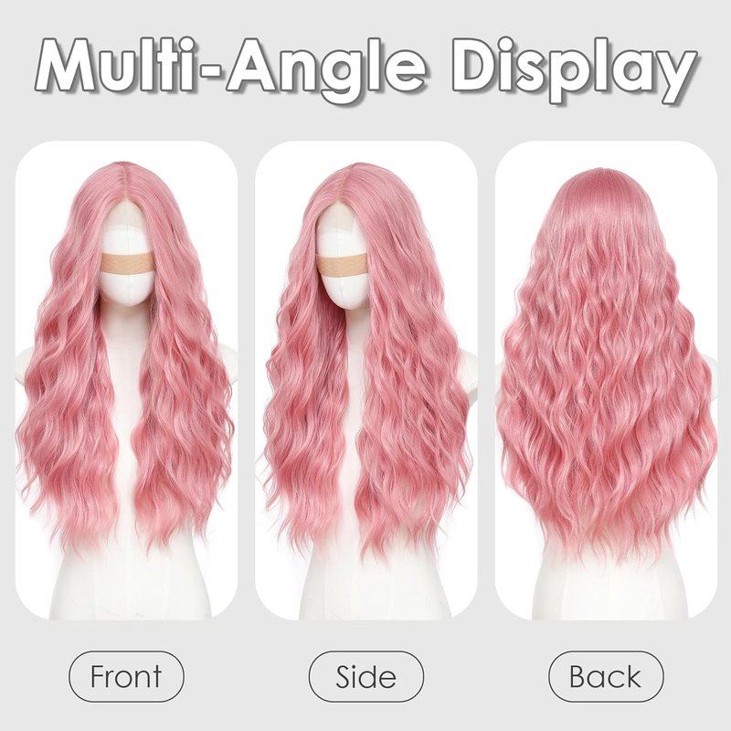 Pink Wavy Wig for Women - 26 Inch Synthetic Lace Front Hairpiece | Heat Resistant for Daily Wear & Cosplay