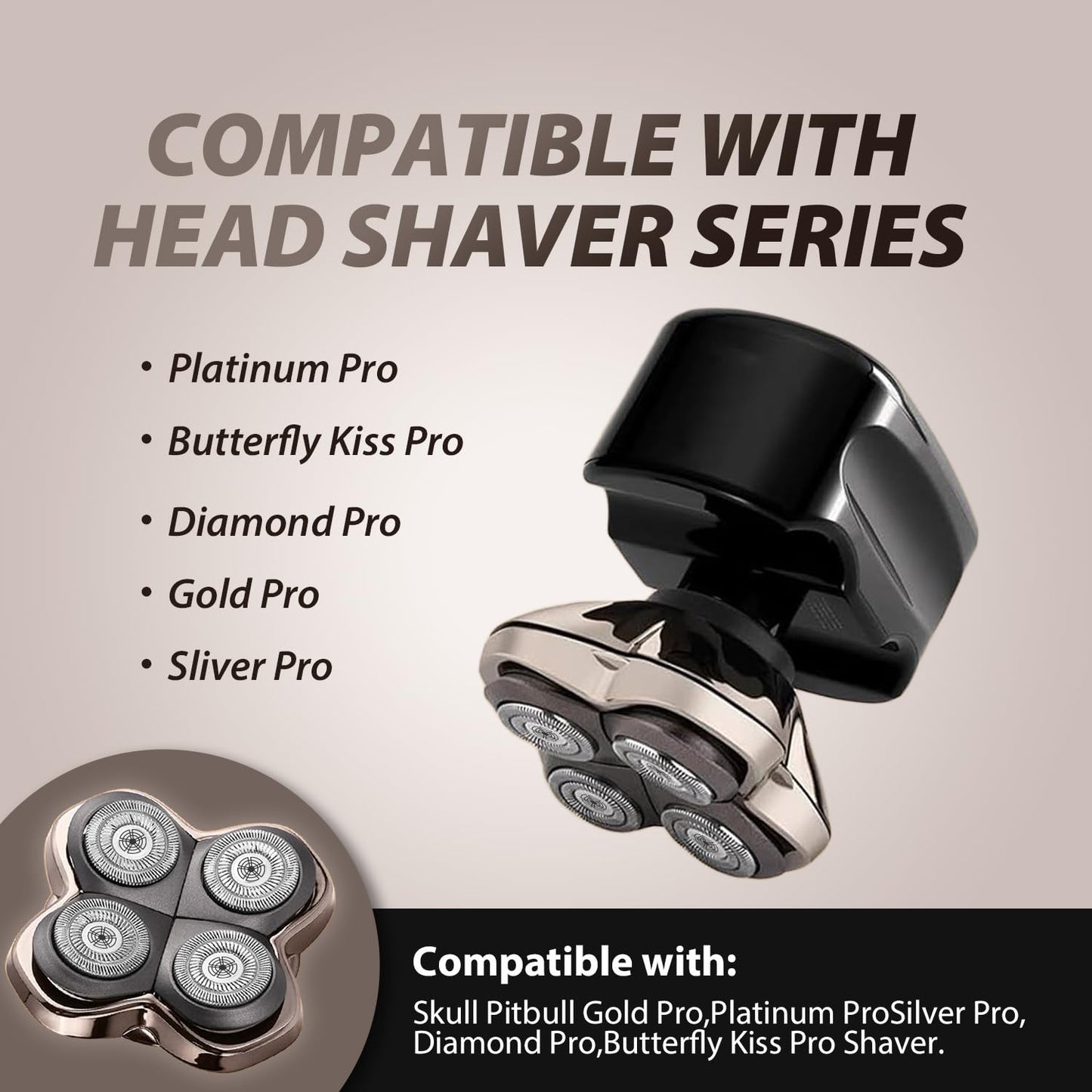 Replacement Shaver Heads for Skull Shaver, 4D Floating Blades for Pitbull Gold/Pro/Silver, Palm & Butterfly Kiss Electric Shavers, Dry & Wet Use, Waterproof Razor Head Cartridge