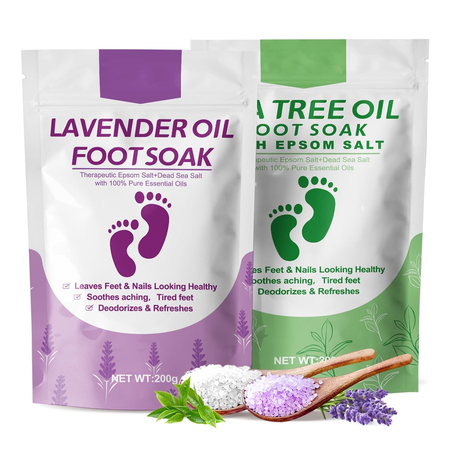 Tea Tree Oil Foot Soak with Epsom Salt, Lavender Oil Foot Soak - For Toenail Repair, Athletes Foot, Softens Calluses, Soothes Sore & Tired Feet, Nail Discoloration, Spa Pedicure Care, pack of 2