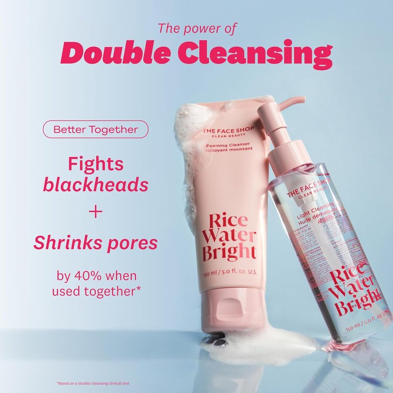 Rice Water Bright Double Cleansing Duo Set - Korean Skin Care | Hydrating Face Wash & Pore Control Oil