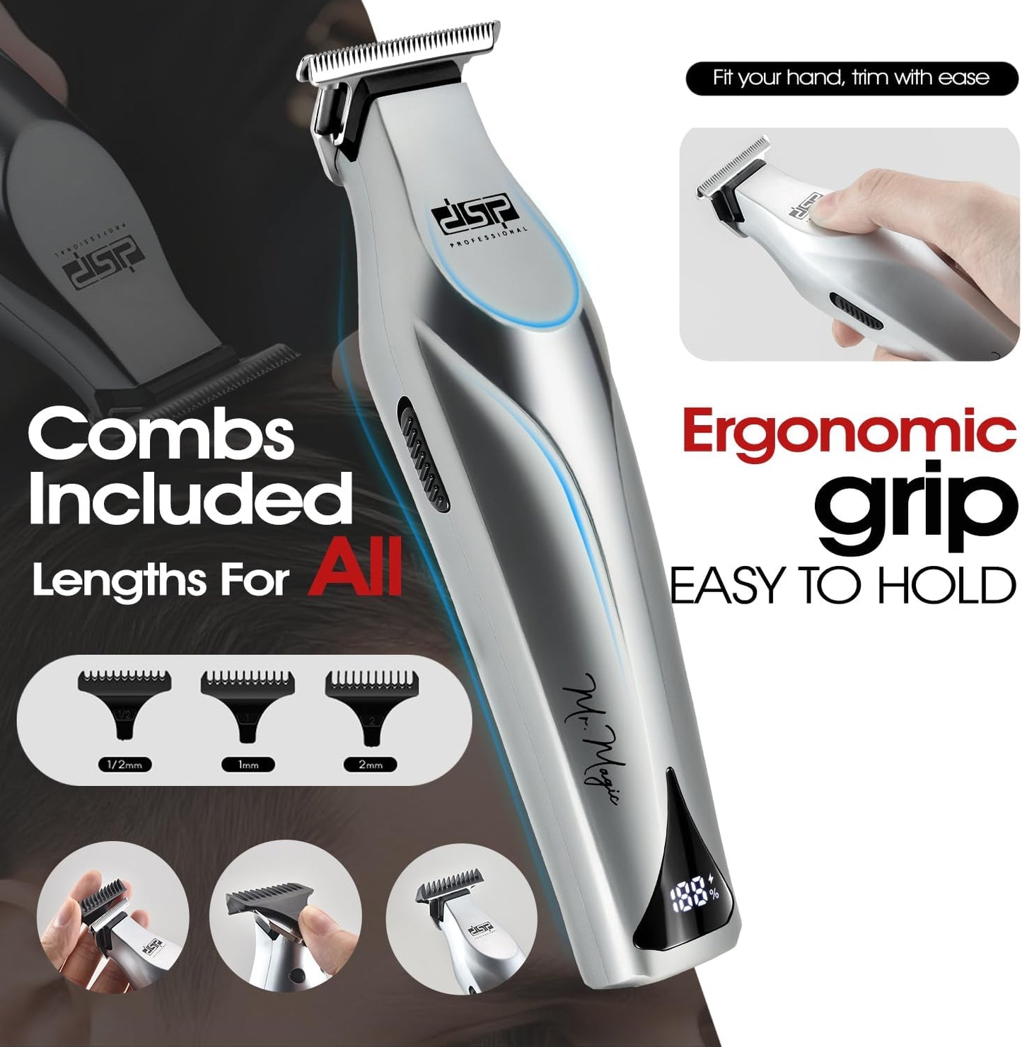 DSP Professional T Blade Beard Trimmer for Men - Cordless Zinc Alloy Barbershop Edger | Silver Finish