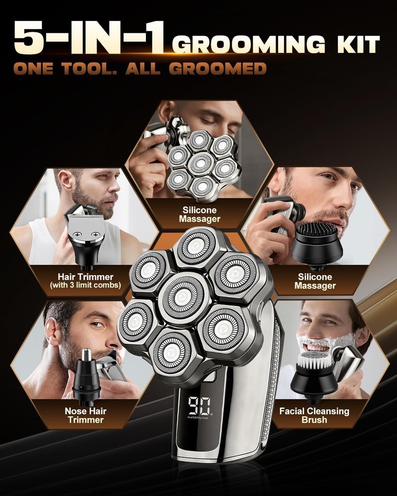 Head Shaver for Bald Men - 7D Waterproof Electric Razor with Detachable Blades | 5-in-1 Grooming Kit for Smooth Shaving