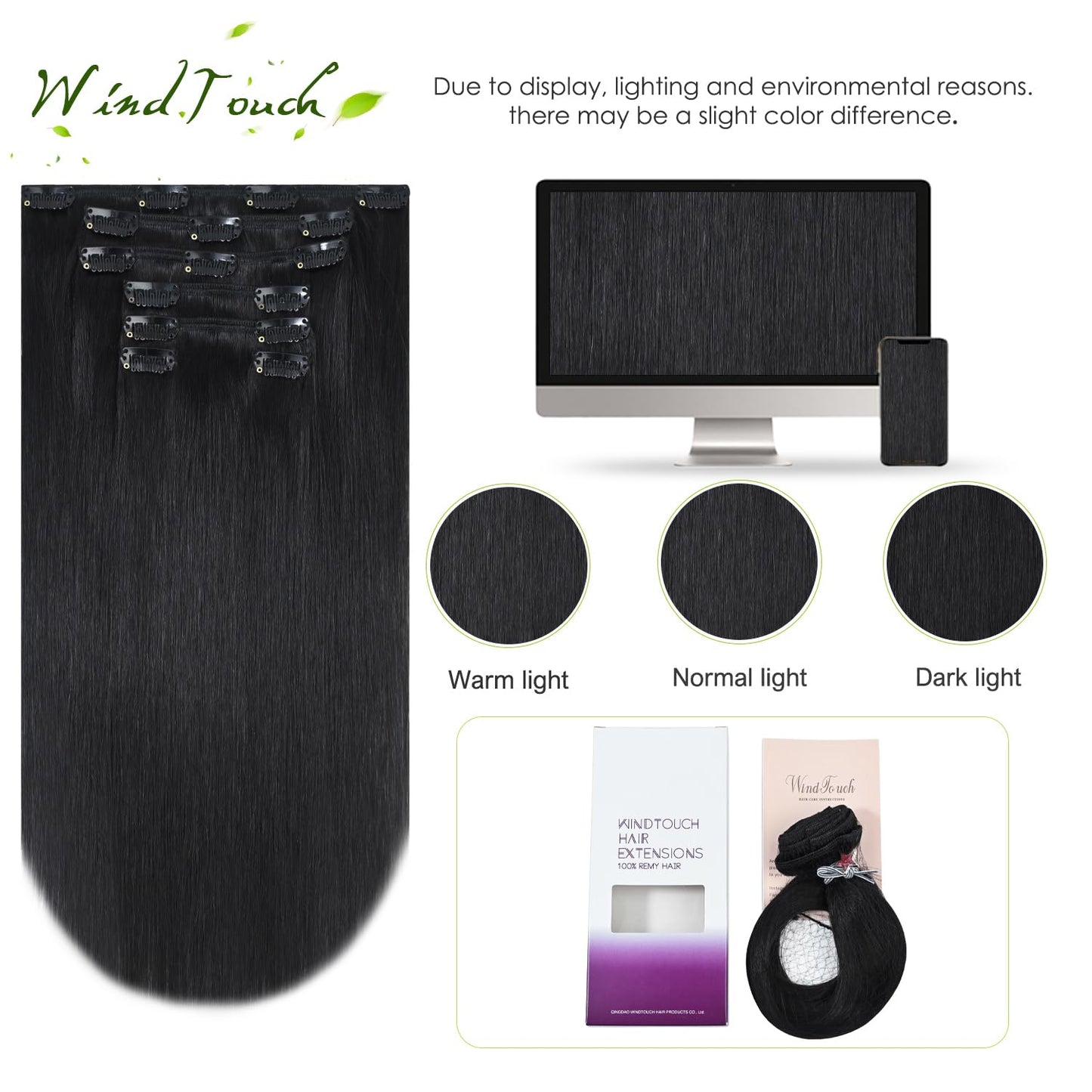 WindTouch Clip In Hair Extensions Real Human Hair Black Hair Extensions Remy Hair 7pcs 18 Inch 75g #1B Natural Black Clip Ins Real Human Hair Black Women