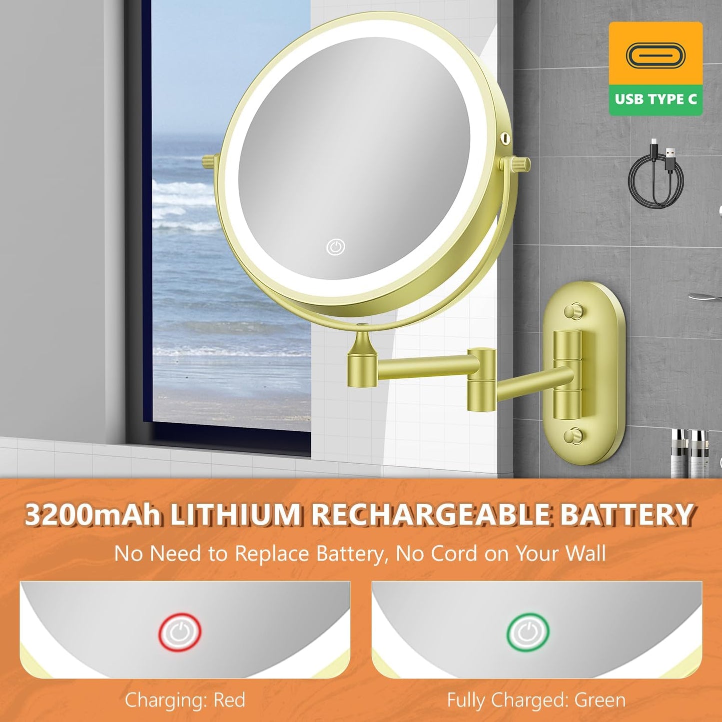 Auxmir Wall Mounted Makeup Mirror - 1X/30X Double-Sided Magnifying, Dimmable 3-Color Light, 360° Rotation | 8" Gold Finish