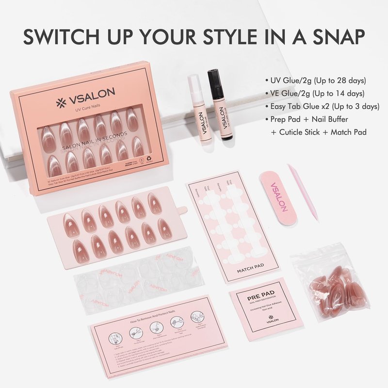 Press On Nails Almond Medium - Cat Eye French Tip Nude Pink Sparkly | 32 Pcs, Reusable, Semi-Transparent for Spring Weddings