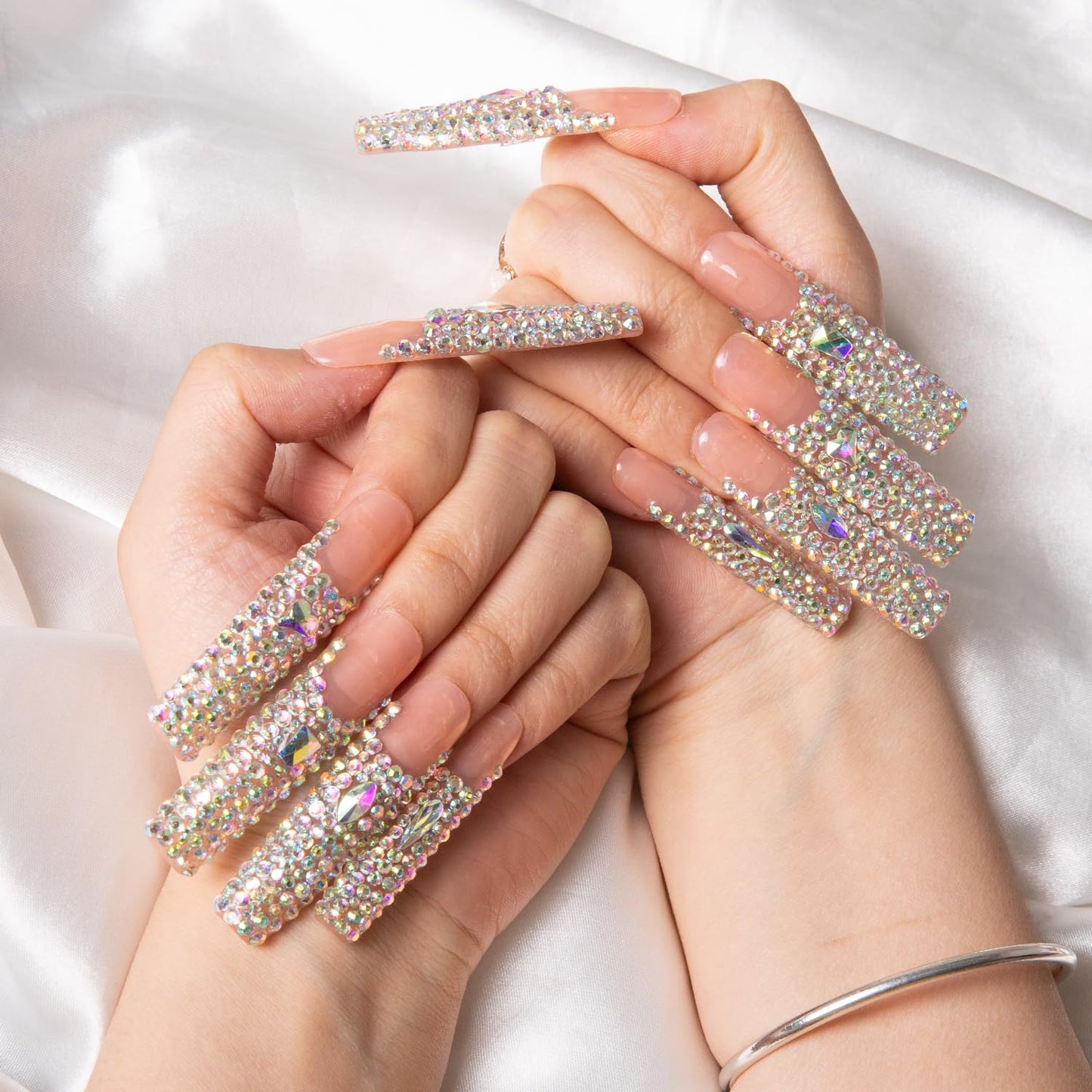 Press On Nails - Angel's Tear | Handmade Full-Covered Crystals | Reusable Square Long 2.2 in
