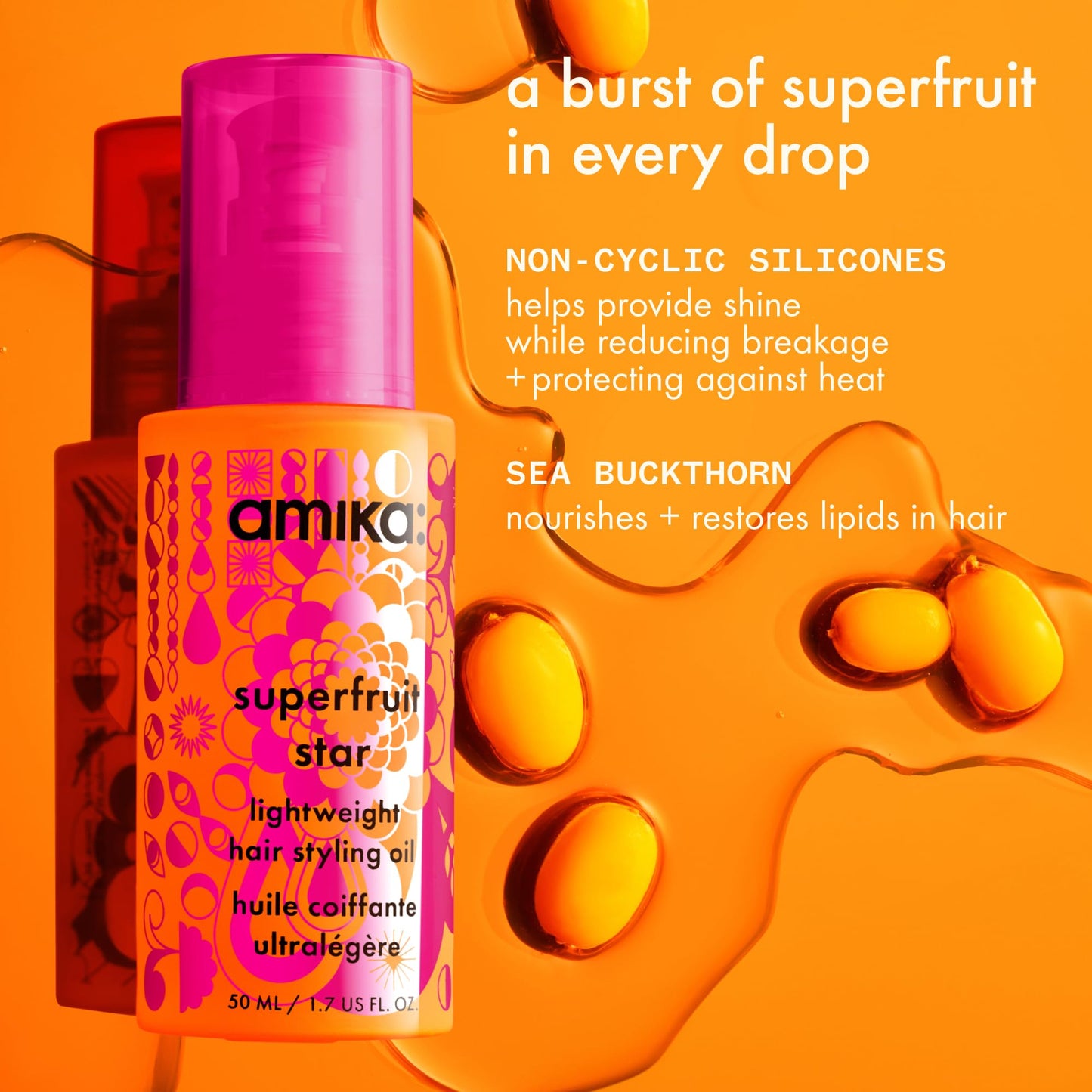 amika superfruit star lightweight hair styling + heat defense oil, 20ml | heat protection, strengthen + reduce breakage, smooth frizz, add glossy shine