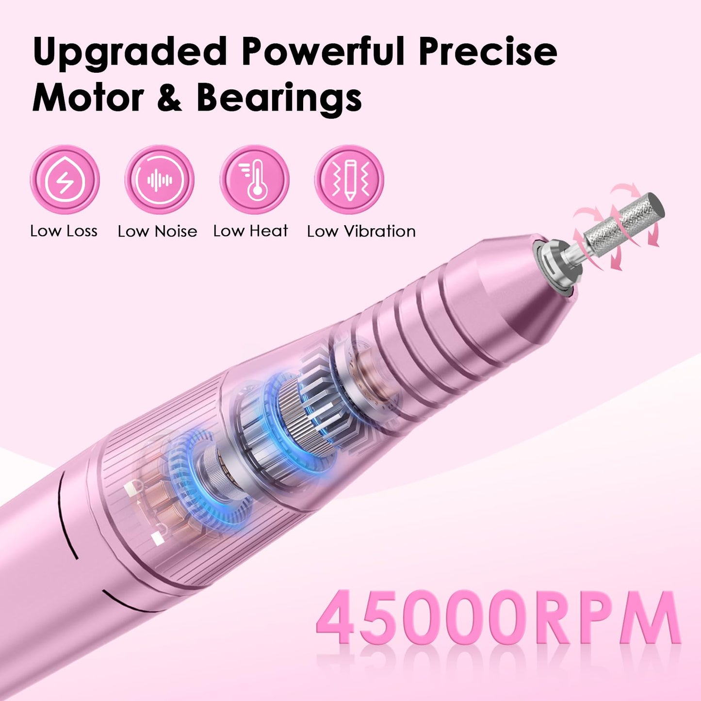 Professional Electric Nail Drill File, HUGMAPLE 45000RPM Portable E-File Machine with Bits & Base, Cordless Rechargeable Nail Drill Kit for Shaping, Removing & Polishing Gel Nails for Salon Home, Pink