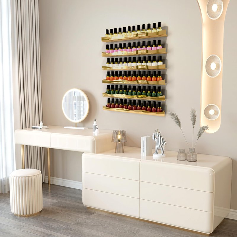 YMVV Wall-Mounted Nail Polish Shelves, 5-Inch Gold Mirror Finish Nail Polish Organizer Rack, Makeup Sunglasses Essential Oil Storage Display Rack 6 Pack