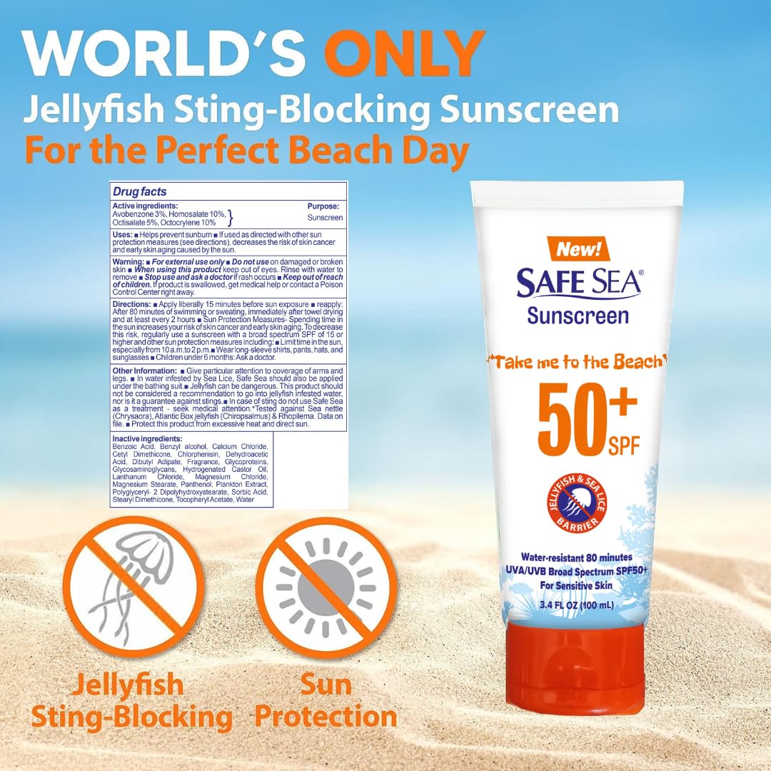 SAFE SEA Anti-Jellyfish Sting Protective Lotion - Sunscreen - Sunblock - Sea Lice - Jelly Fish - 50SPF Adults (Tube 3.4 oz 2 pack)