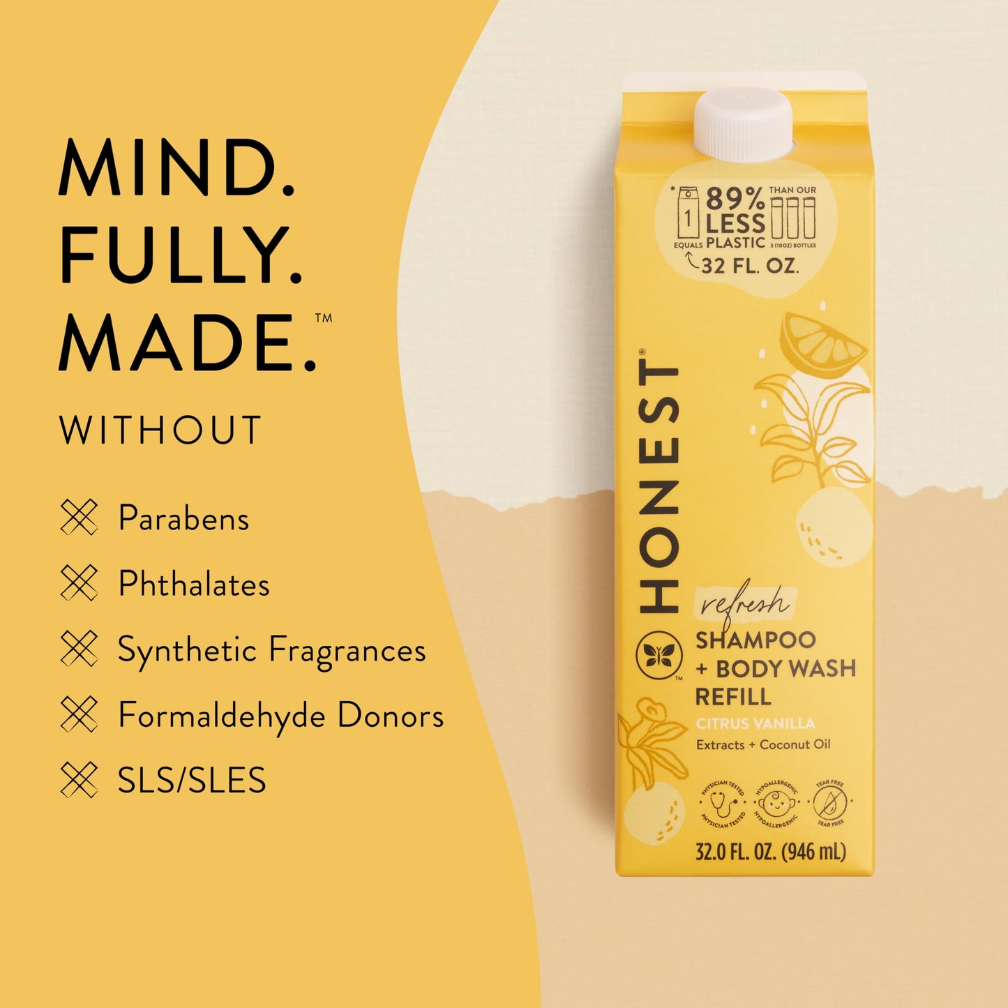 The Honest Company 2-in-1 Cleansing Shampoo Body Wash Refill Carton, Gentle for Baby, Naturally Derived, Tear-free, Hypoallergenic, Citrus Vanilla Refresh, 32 fl oz, (Pack of 2)
