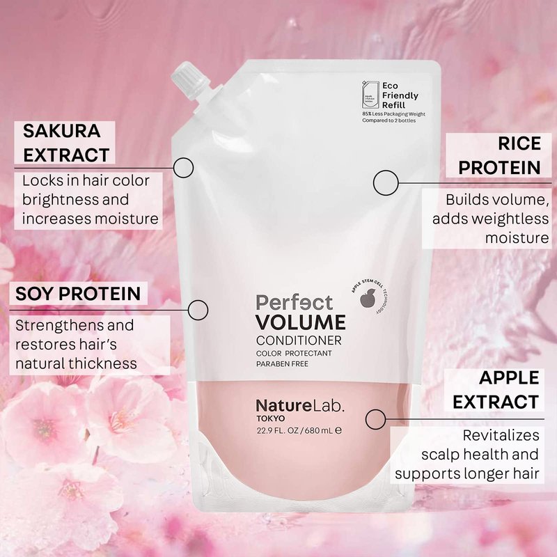 NatureLab.TOKYO Perfect Volume Conditioner - Conditioner for Flat, Limp Hair - Restores Thickness, Builds Volume, and Reduces Breakage for Full Strands - Japanese Hair Care - Refill Pouch, 22.9oz