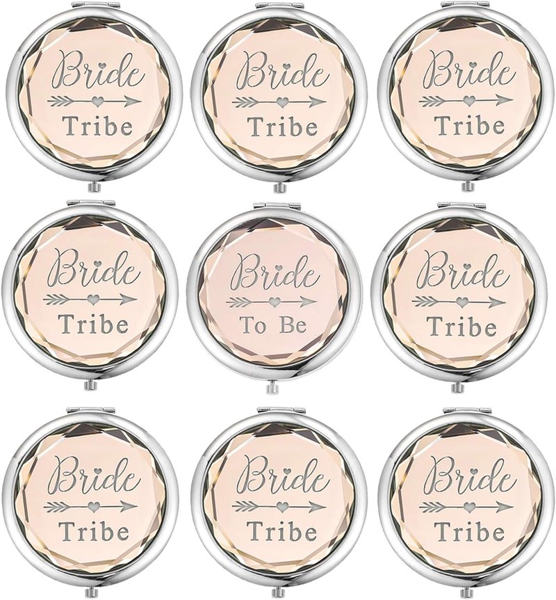 Compact Pocket Makeup Mirrors Set - 9 Pieces with Bride to Be & Bride Tribe Designs | Perfect Bachelorette Party Gifts (Champagne)