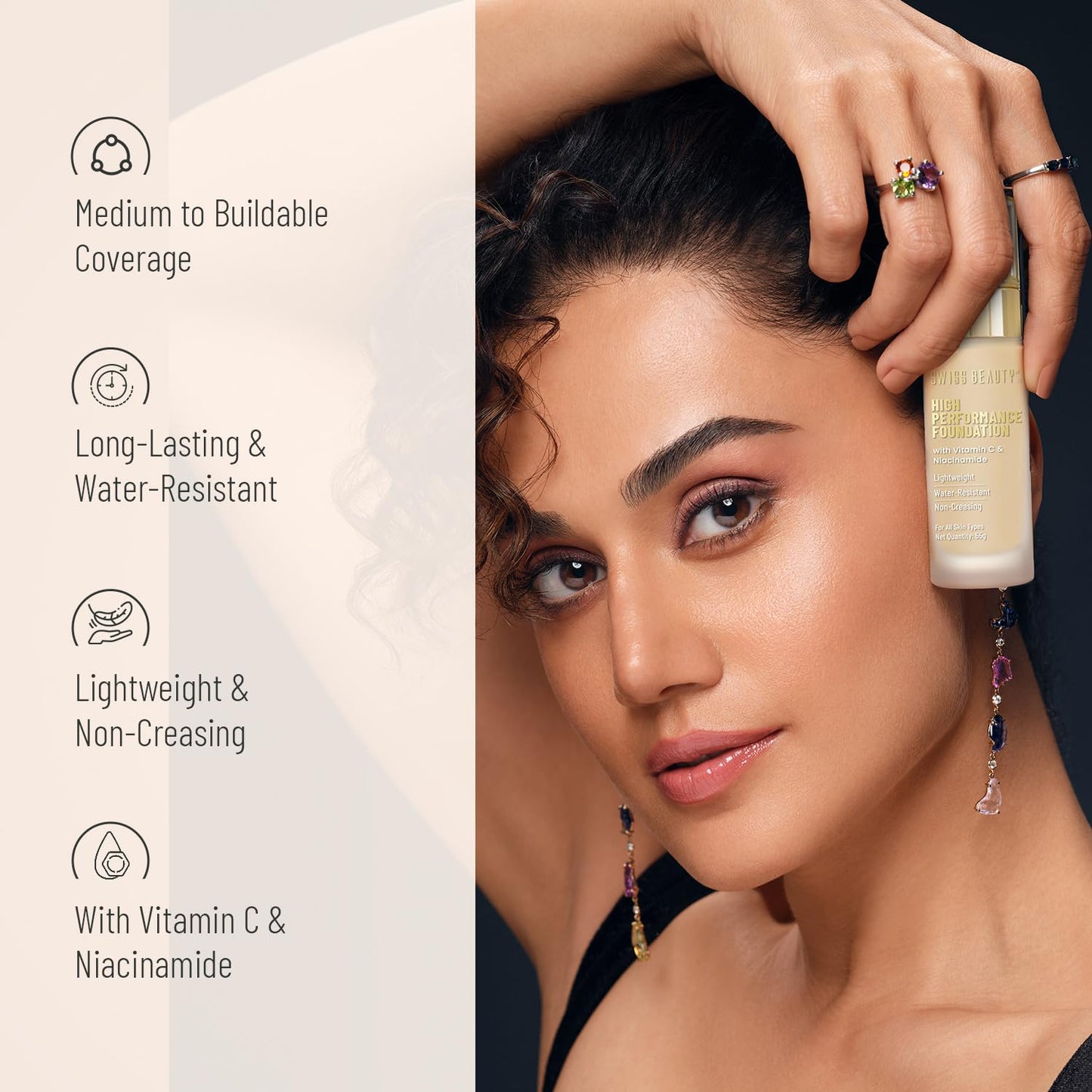 Swiss Beauty High Performance Foundation | Water-Resistant | Medium To Buildable Coverage Liquid Dewy Finish | Lightweight | Easy To Blend | With Vitamin C & Niacinamide | 03 Natural Beige, 55G