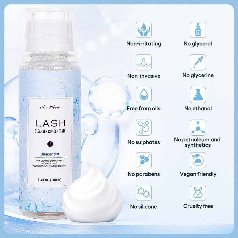 AuReve Lash Shampoo Concentrate 100ml Lash Extension Cleanser Oil-Free Eyelash Extension Shampoo with Salon Home Care -Makes 20 Bottles 60ml Lash Shampoo,Unscented