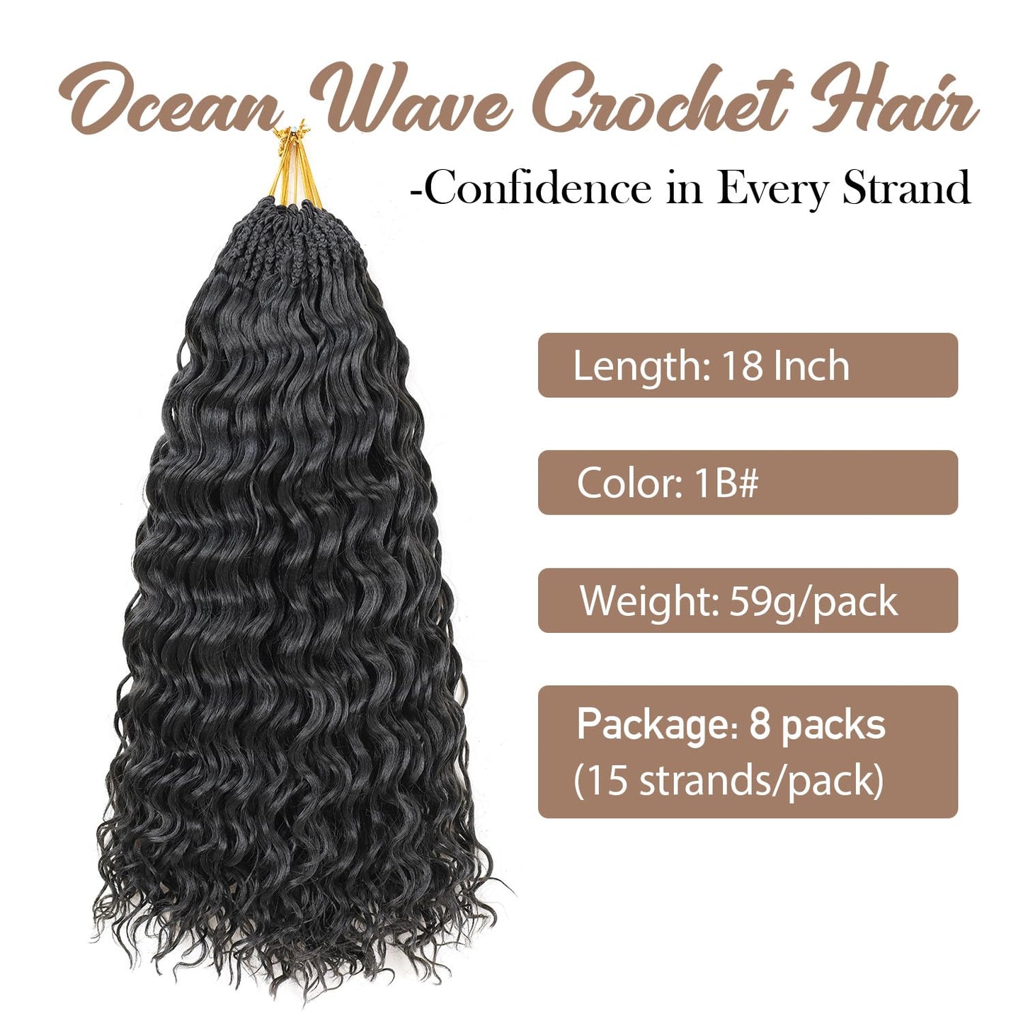 Pre looped Ocean Wave Crochet Hair 8 Packs 18 Inch Natural Black Synthetic Pre Twisted Ocean Braids Hair Boho Deep Wave Short Curly Crochet Hair for Black Women (18 Inch, 1B#)