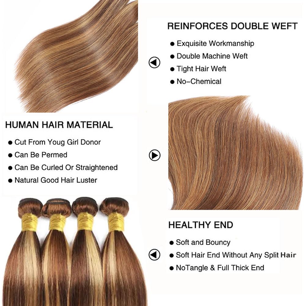 Ombre Human Hair Bundles | P4/27 Honey Brown Straight Remy Hair Extensions - 16 Inch, Soft & Healthy Double Weft