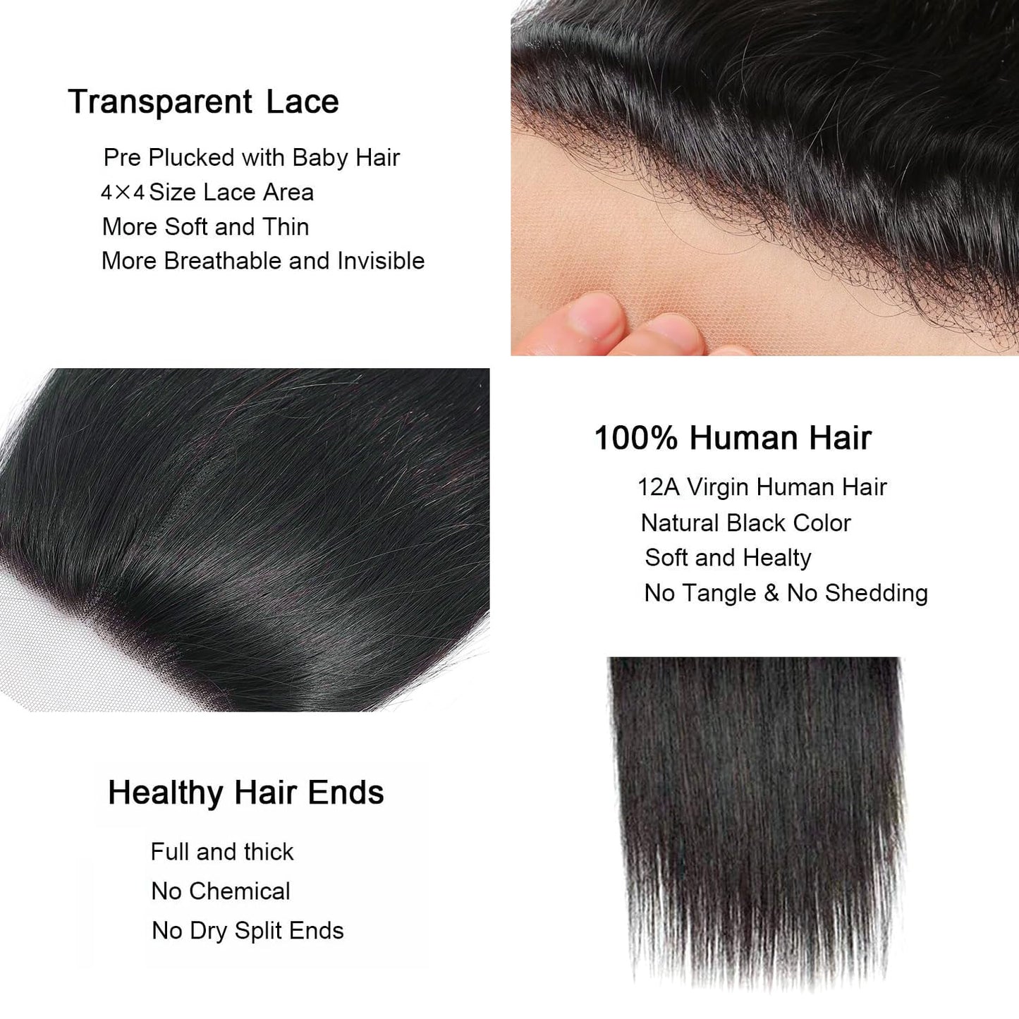 4X4 Straight HD Lace Closure Human Hair Extensions 12A Brazilian Virgin Human Hair Frontal Free Part Closure Pre Plucked with Baby Hair Natural Black 16 Inch