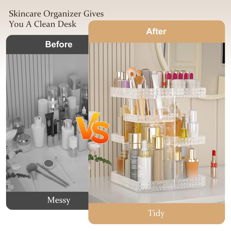 HEMTROY Rotating Makeup Organizer with Makeup Brush Holder,Large Capacity Perfume Organizer for Vanity Countertop,Acrylic Skincare Organizers Spinning Holder Storage Rack (Clear)
