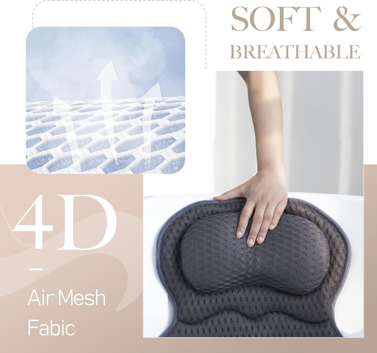 Bath Pillows for Tub - Luxury Head and Neck Support | 4D Air Mesh Fabric & 6 Non-Slip Suction Cups (Gray)