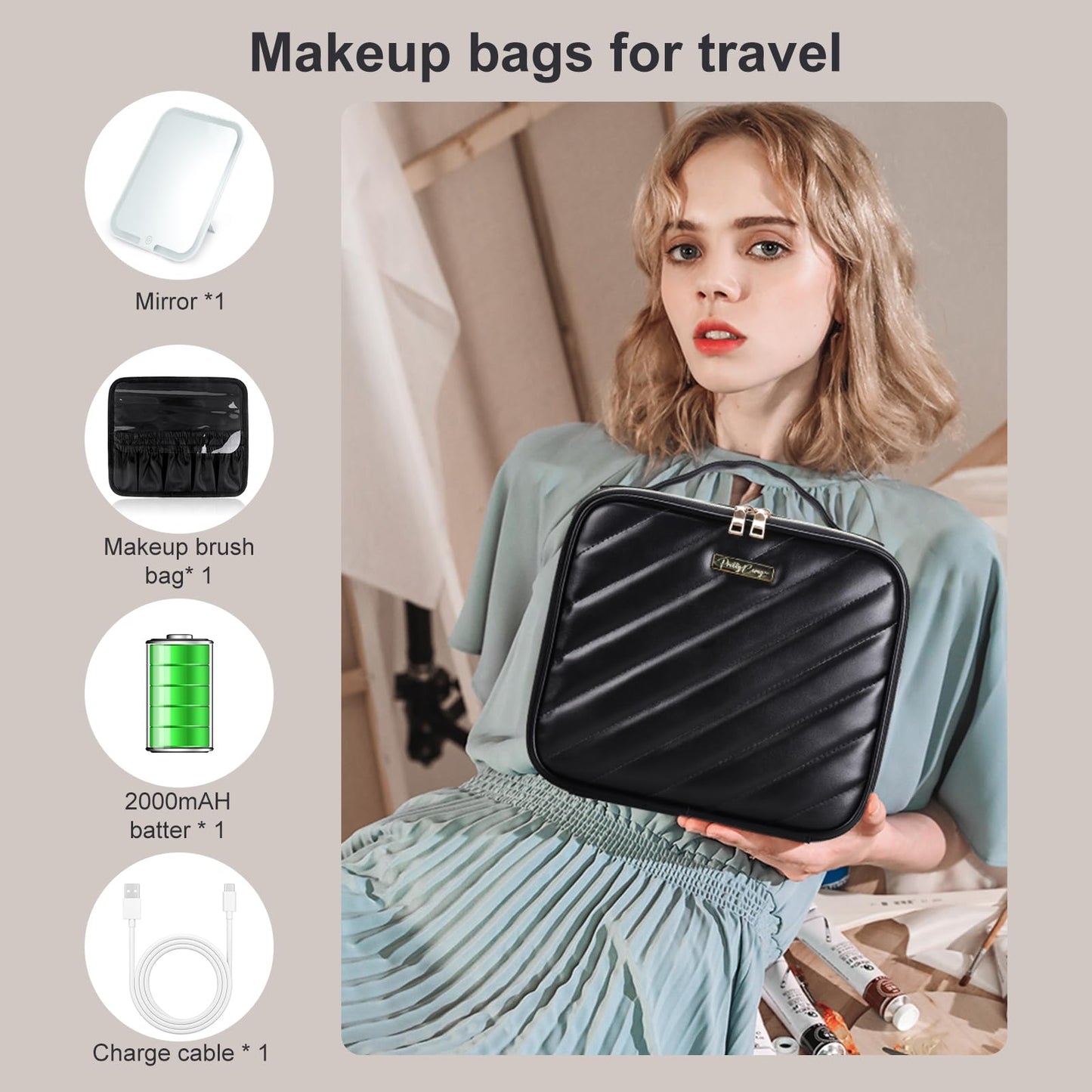 Pretty Comy Travel Makeup Bag with Led Mirror, Portable Makeup Train Case Led Makeup Bag with Mirror Makeup Organizer Bag Travel Organizer Bag Makeup Case Ideal Gifts for Mother Women Girls, Black