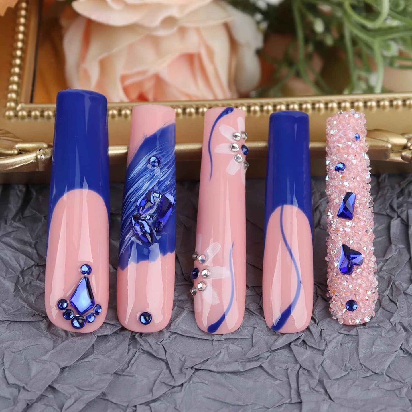 Luxury Pink Acrylic Nail Tips with Crystals - Reusable Long Square Press-On Nails (10 Pcs, Size M)