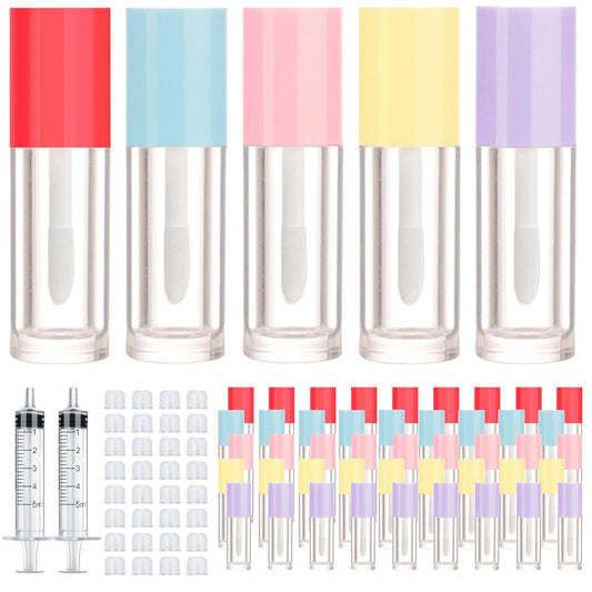 DupakSYS 50pcs 2.5ml Empty Lip Gloss Containers Lip Gloss Tubes with Wand Cute 0.08oz Clear Refillable Lipgloss Making Supplies Kit for DIY Makeup+ 2pcs Syringes