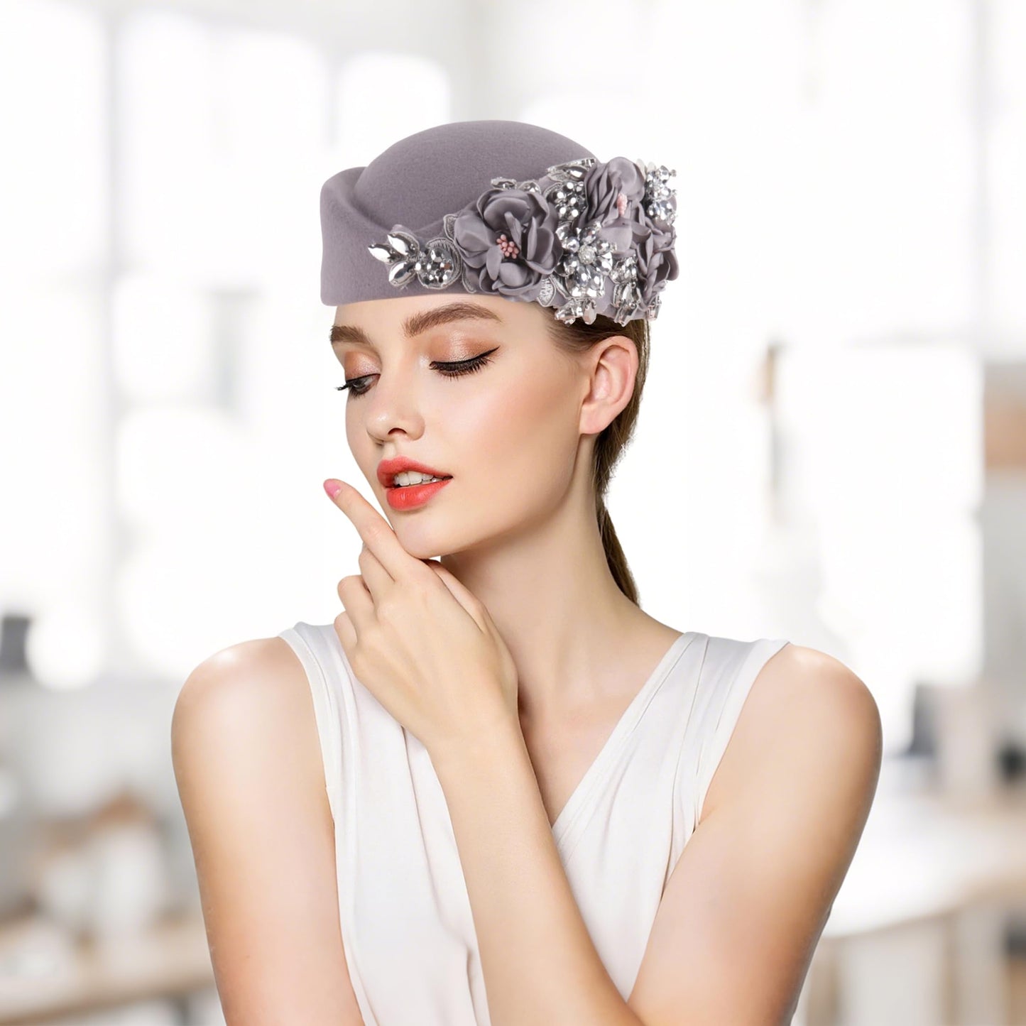 Beret Hats for Women British Felt hat Women's Church Derby Headdress Women's Floral hat Suitable for Wedding Parties Events (Gray)