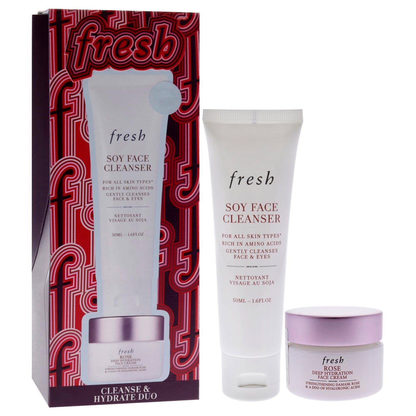 Fresh Cleanse And Hydrate Kit for Women - 2 Pc 0.5oz Rose And Hyaluronic Acid Deep Hydration Moisturizer, 1.6oz Soy Hydrating Gentle Face Cleanser