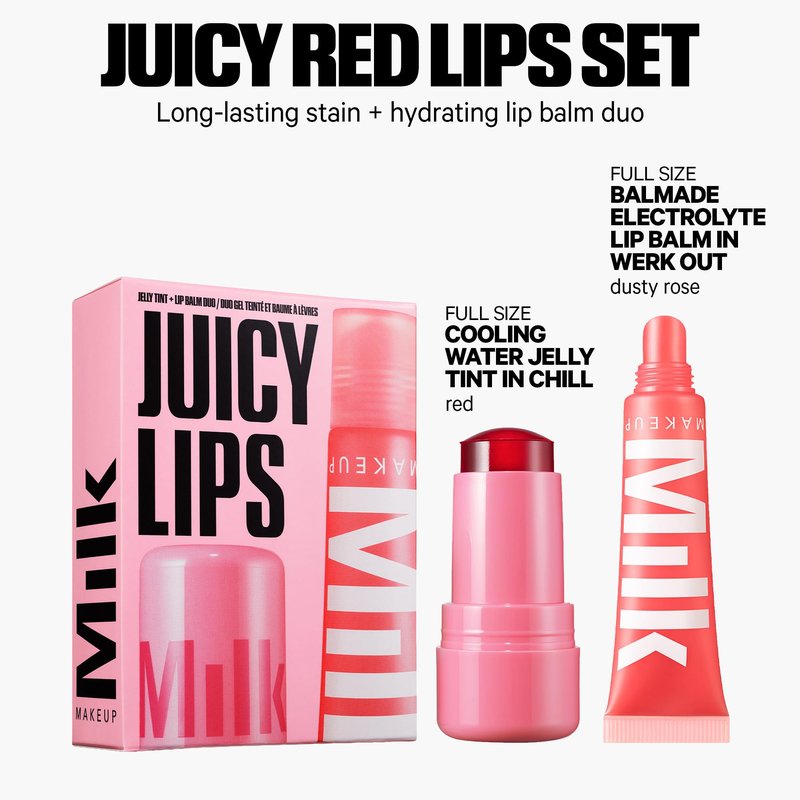 Milk Makeup Cooling Water Jelly Tint + Balmade Hydrating Lip Balm Set – Sheer Red Lip + Cheek Stain and Sheer Gloss with High-Shine Finish – Full Size Chill (Red) 0.17 oz + Werk Out (Dusty Rose) 0.4oz