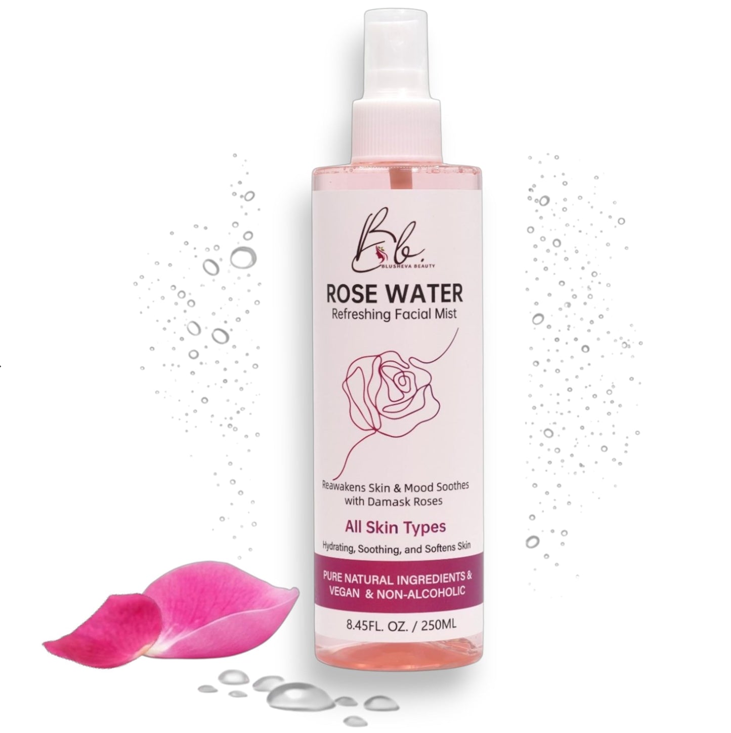 Blusheva Beauty Rosewater Refreshing Facial Mist Hydrating, Soothing & Softening Spray with Damask Roses & Glycerin Pure Natural Ingredients, Vegan, Alcohol-Free, All Skin Types, 8.45 fl oz