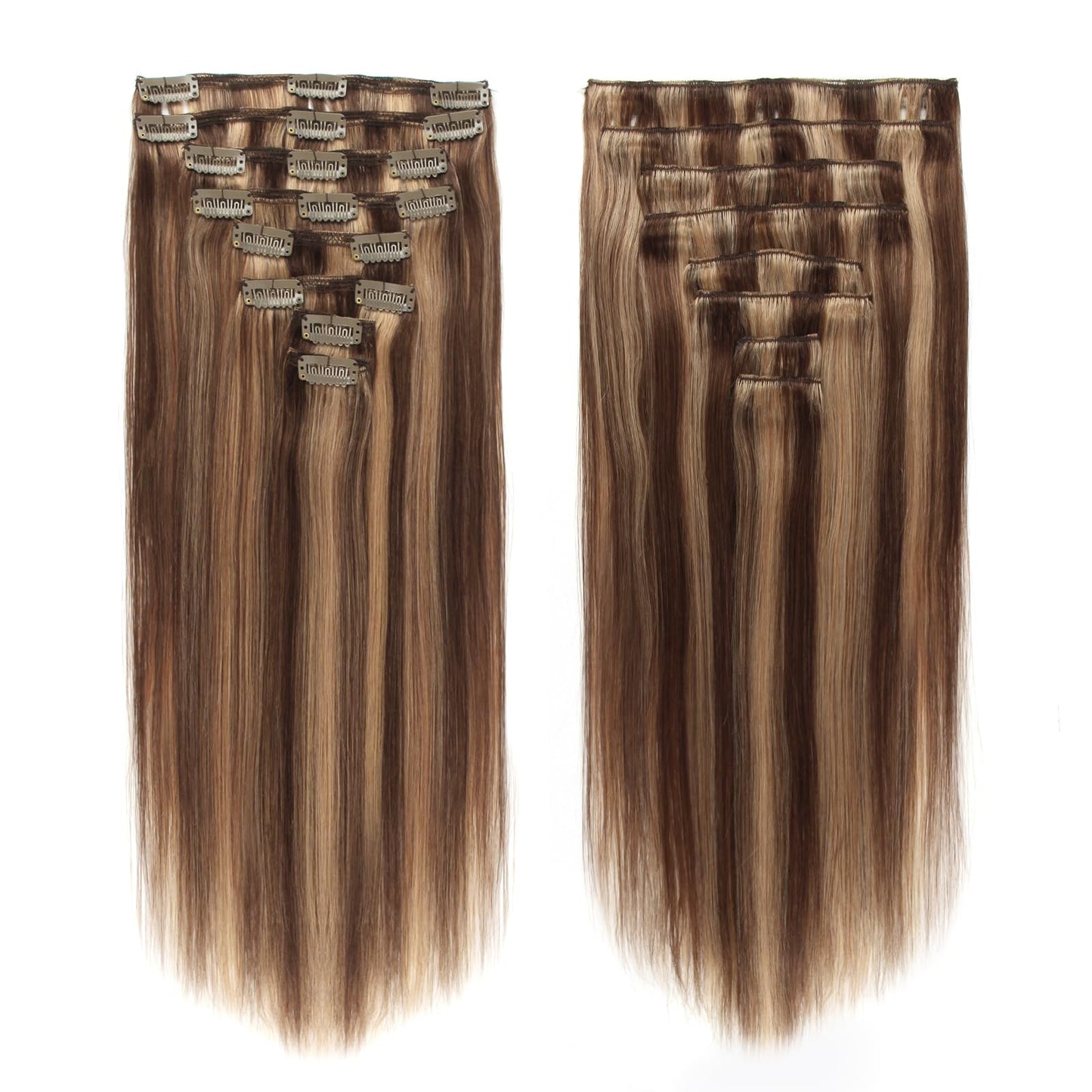 ABH AMAZINGBEAUTY HAIR Highlight Clip in Hair Extensions Human Hair 8 Pieces Chocolate Brown Mixed to Dark Blonde Hair Extensions Clip in Natural Blend Full Head Double Wefts Soft Straight 90G 16 Inch