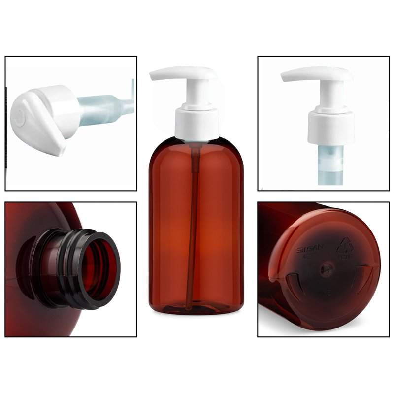Baire Bottles 16 oz Empty Refillable Plastic Pump Bottles Dispenser for Thick Products 6 Pk, PET BPA Free, Refillable Shampoo Lotion Soap Labels USA (Amber/Brown, White Lotion Pumps, Floral Labels)