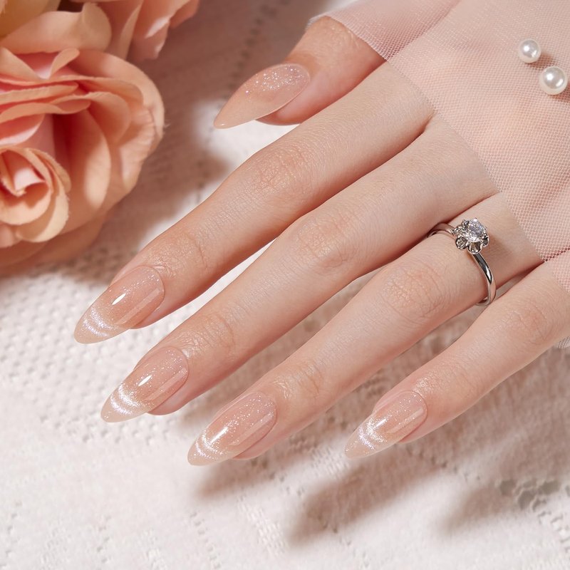 VSALON Almond Medium Press On Nails, Nude Radiant Cat Eye French Tip Sheer Finish Clean Look, Light-Curable 4-Weeks Wearing, Shimmer Nails Kit with Glues - 32 pcs in 16 Sizes