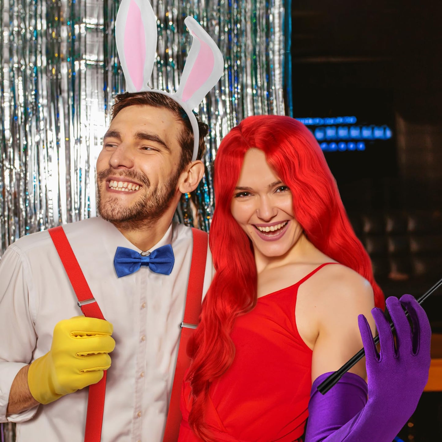 HooLing 10 Pcs Halloween Rabbit Couple Costume Accessory Set Include Red Wig Bunny Ears Headband Gloves Plastic Holder Satin Bowties Y Back Suspenders Buttons and Earrings for Adults Cosplay Party