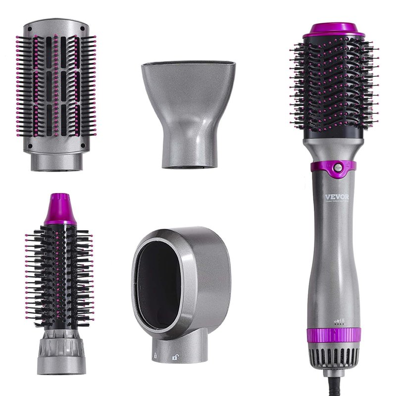 VEVOR Hair Air Styler and Dryer Brush, 5-in-1 Multi Hair Styler with 3 Brushes & 2 Nozzles, Ionic Blow Dryer Brush, Reduced Heat Damage, High-Speed Styling Tool for Volumizing Straightening Curling
