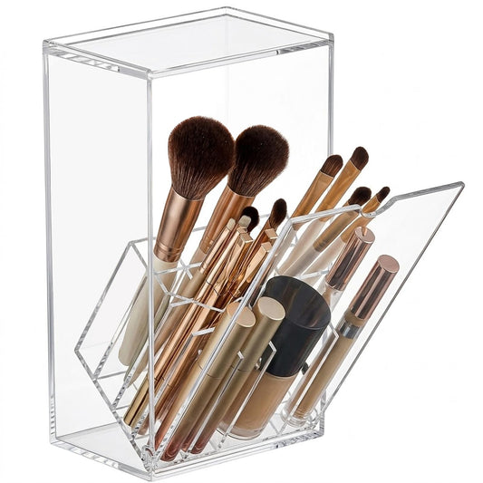 VORA Makeup Brush Holder, Clear Make Up Brush Holder Organizer with 17 Slots, Tilt Open Large Makeup Brush Holde with Lid, Acrylic Makeup Organizer for Vanity Decor Office Home