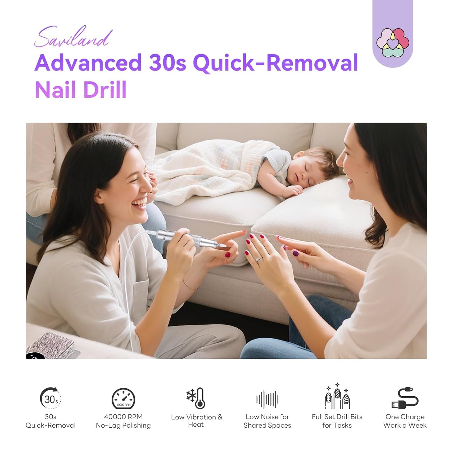 SAVILAND Professional Nail Drill - 40000 RPM Electric Nail File Kit with Ceramic Bits | Perfect for Acrylic Gel Manicure