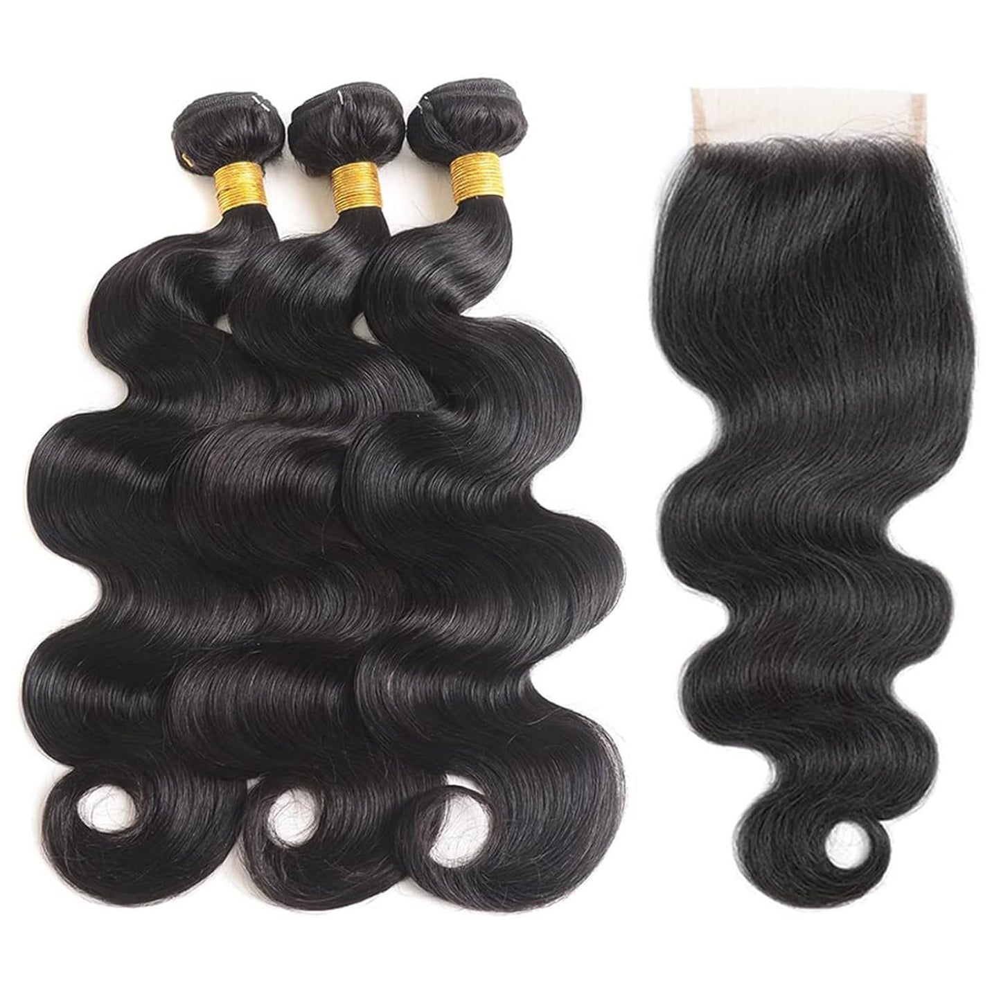 Bundles with Closure Human Hair Body Wave 10 10 10+10 Inch 100% Unprocessed Brazilian Virgin Human Hair 3 Bundles with Closure Human Hair Extensions with 4x4 Free Part Lace Closure Natural Black