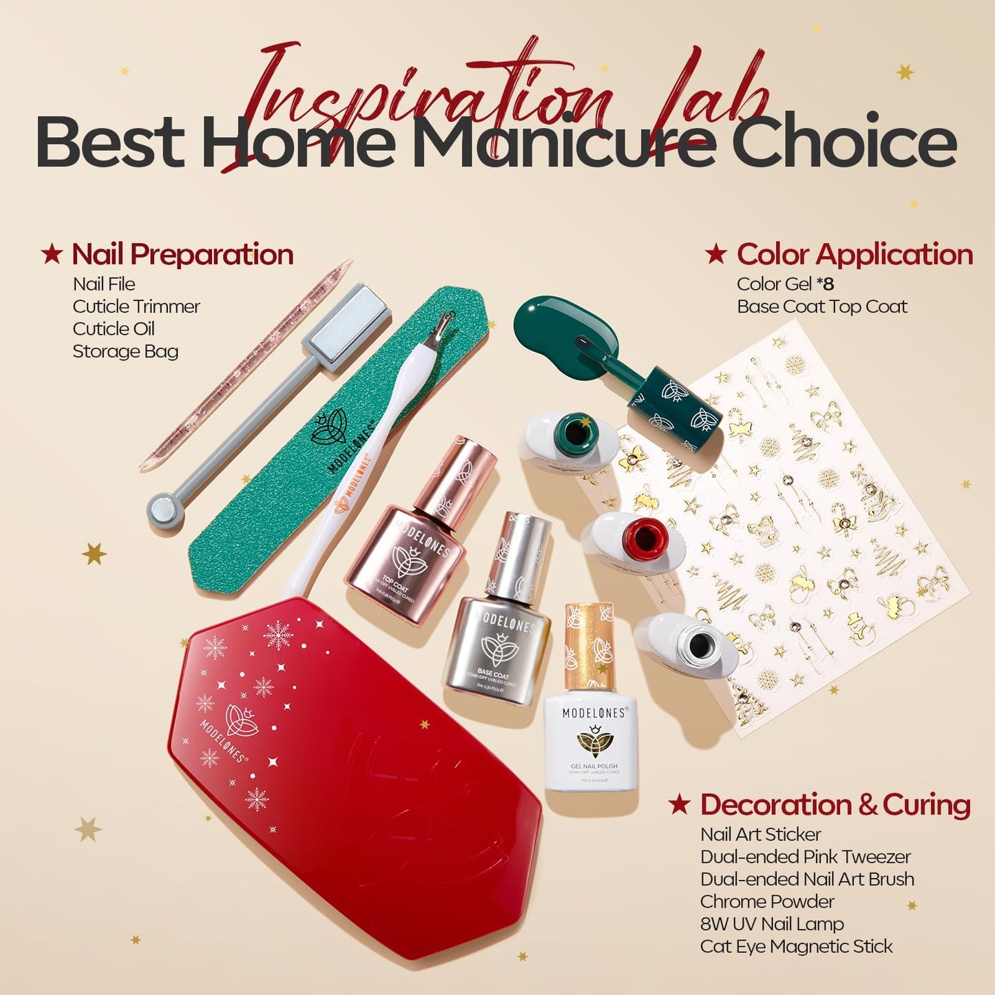 Modelones 8 Colors Gel Nail Polish Kit with U V light, Green Cat Eye Red Gold Sparkle White Glitter Pink Complete Manicure Set Nail Strengthener Base Top Coat Chrome Powder Holiday Gift for Women