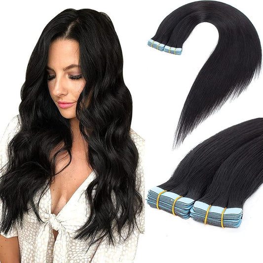 Amella Hair Tape in Human Hair Extensions 16 inches 20pcs 50g Silky Straight Seamless Skin Weft Remy Tape Hair Extensions Off Black Tape in Hair Extensions