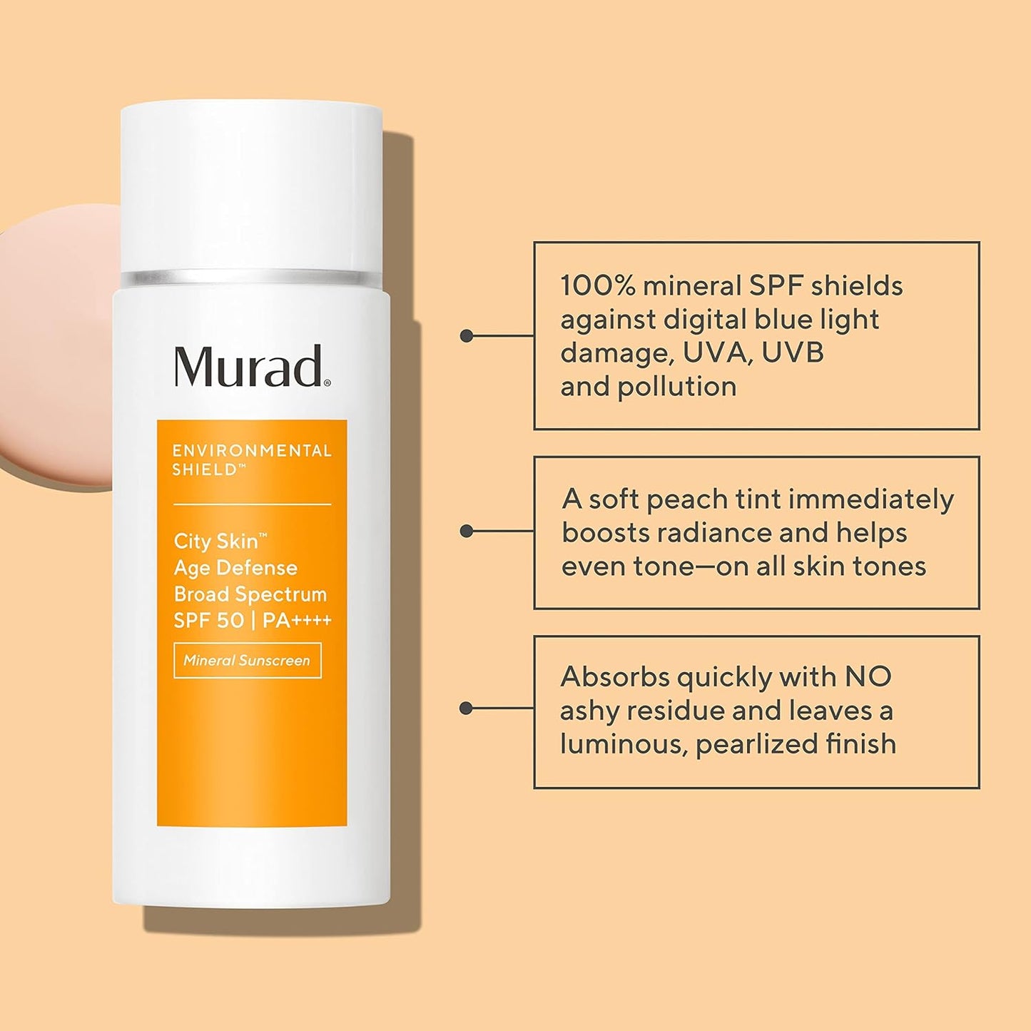 Murad City Skin Age Defense SPF 50 - Mineral Sunscreen with Lutein & Iron Oxides for Blue Light Protection | 1.7 oz