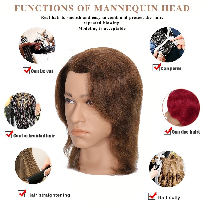 TKIMHEQ 12" Male Mannequin Head with 100% Human Hair Haircut Training Head for Cosmetology Straight Thick Hair Manikin Head Doll Head with Stand Practice Cutting Styling (Brown#)