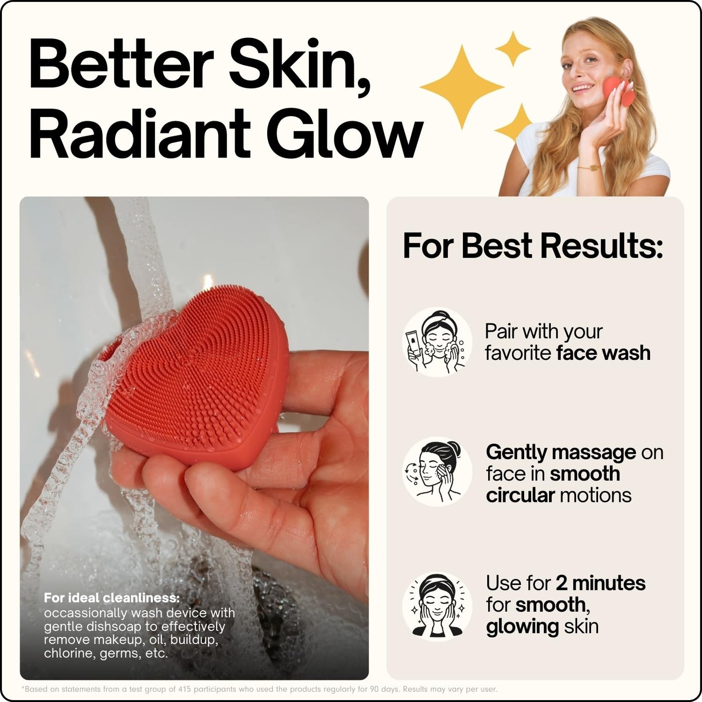 Heart Face Clean Pro⁺ - Electric Silicone Facial Scrubber for Acne with 7000+ Sonic Pulses - IPX7 Waterproof Rechargeable Exfoliator with Slip-Free Grip, 3 Speed Settings & Phthalate-Free - Cherry