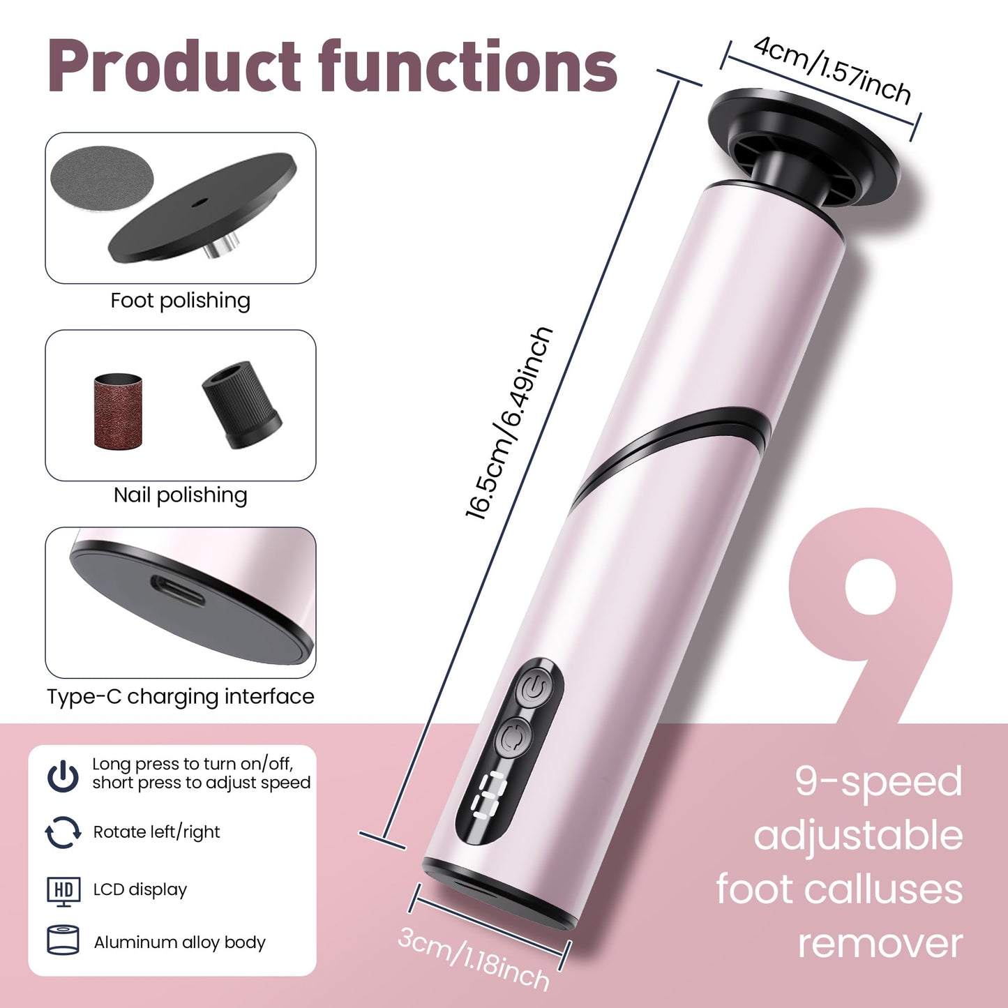 Electric Foot Callus Remover,2 in1 Rechargeable Callus Remover for Feet,9-Speed Cordless Electric Foot File Nail Grinder,Foot Scrubber Pedicure Tools for Dead Skin Dry Cracked Feet(Pink Fold)