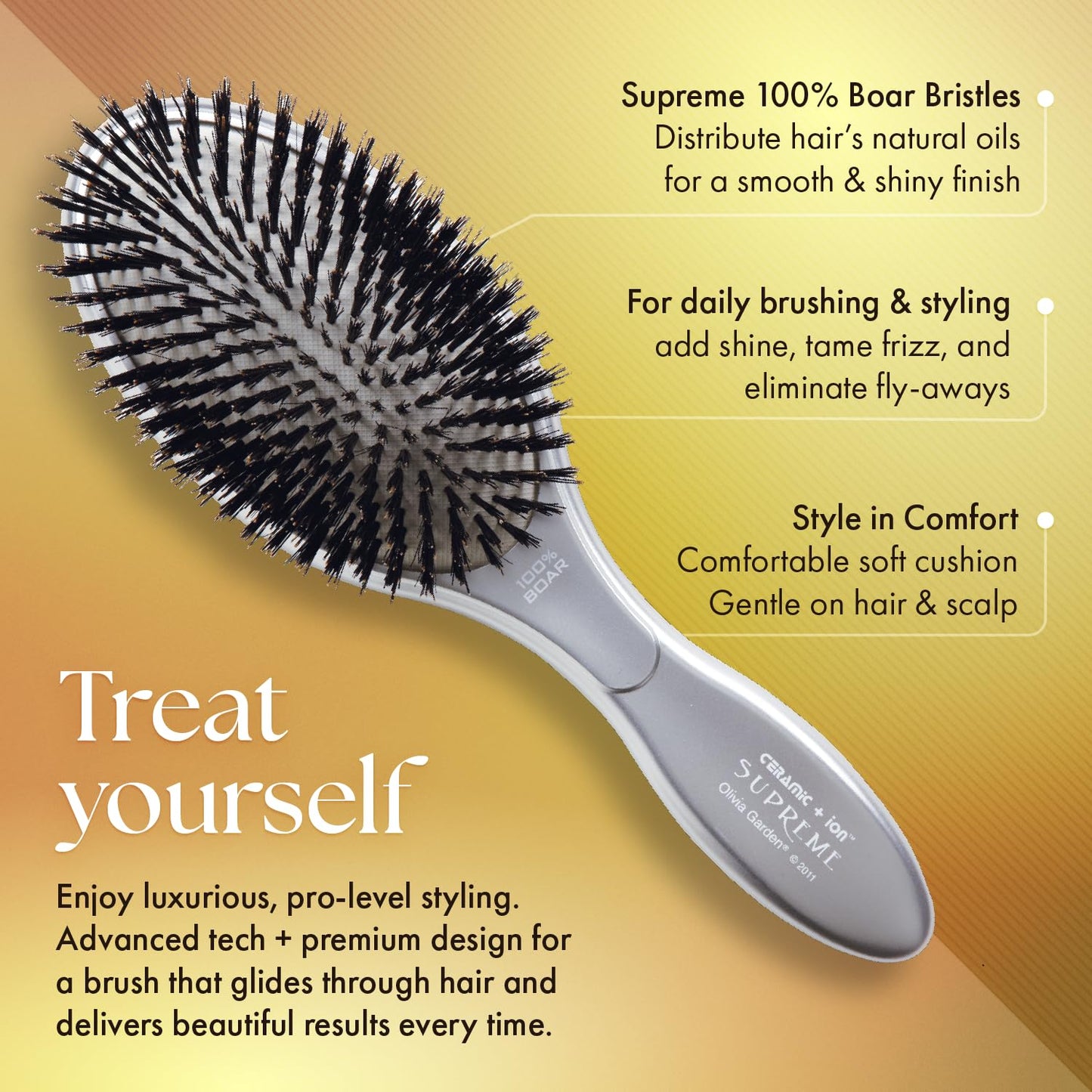 Olivia Garden Ceramic + Ion Supreme Paddle Hair Brush for Men and Women - Professional Boar Bristle Hair Brush for All Hair Lengths - Frizz-Free Results