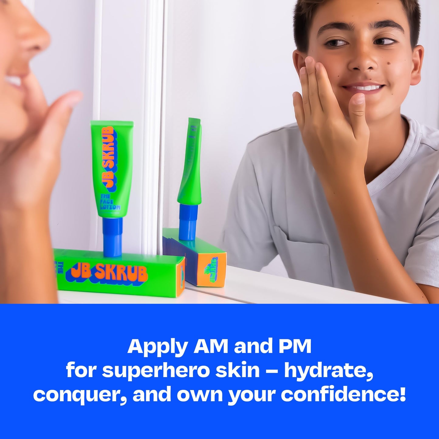 JB SKRUB The Face Lotion and Face Pads -Teen Boys, Tween and Kids Moisturizer for Cool Confidence, Grease-Free Freshness & Hydration with Blue Light Defense