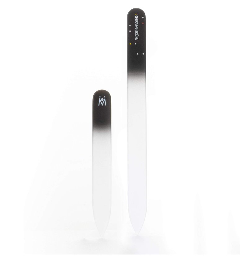 GERMANIKURE 2 Pc Black Glass Nail File Set with Suede Sleeves - Fingernail File & Small Travel Nail File - Professional Manicure & Pedicure Kit for Natural Nails - Ethically Made in Czech Republic