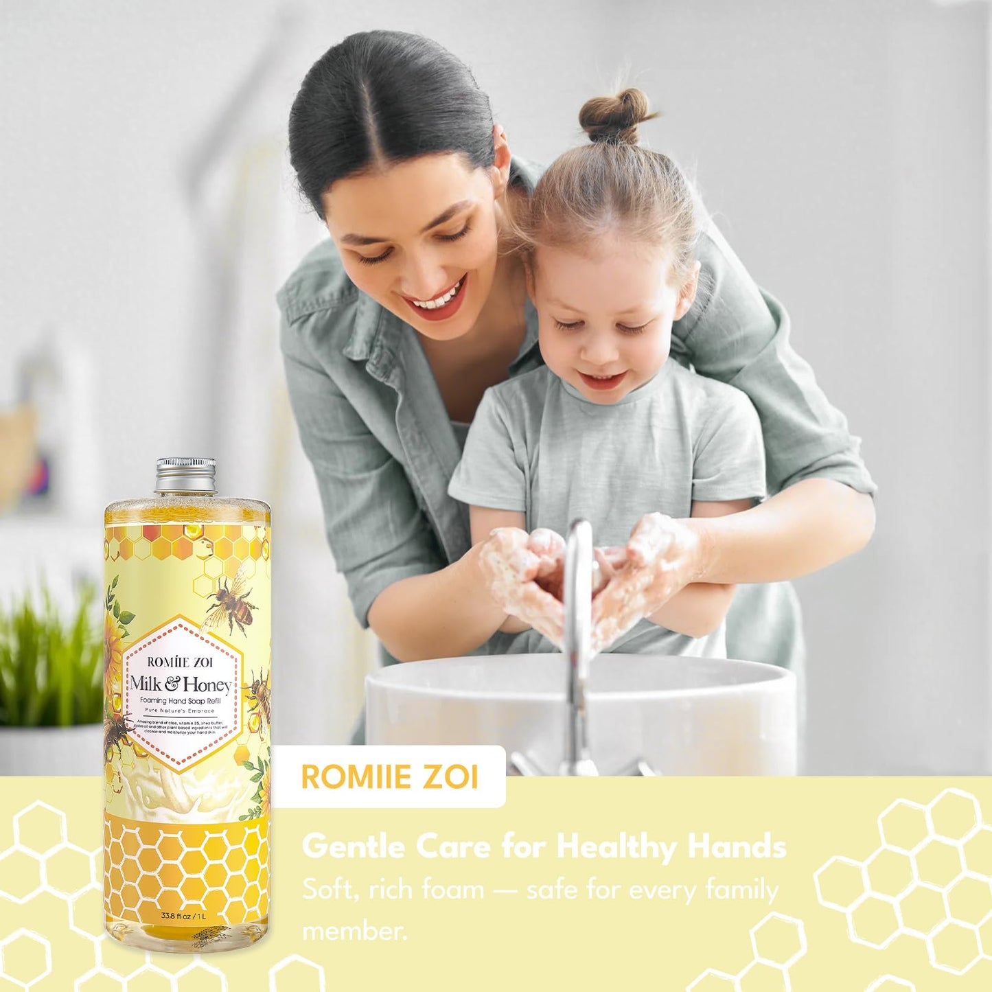 ROMIIE ZOI Foaming Hand Soap Refill Gift Set – Honey & Milk Scent – 3 Pack (1000ML Each) with Dispenser – Gentle & Moisturizing Plant-Based Formula – Bulk Refill Bottles for Bathroom & Kitchen Use