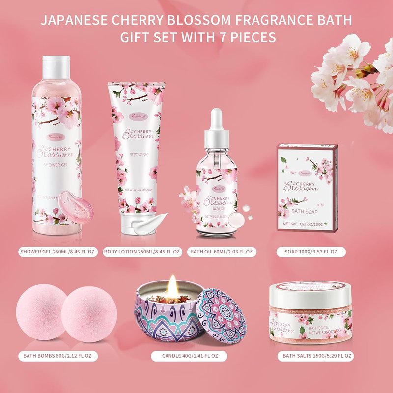 Bath and Body Gift Set for Women - Luxurious Japanese Cherry Blossom Spa Essentials | 7-Piece Set with Shower Gel, Lotion, Bath Oil, Salt, Soap, Bombs & Candle
